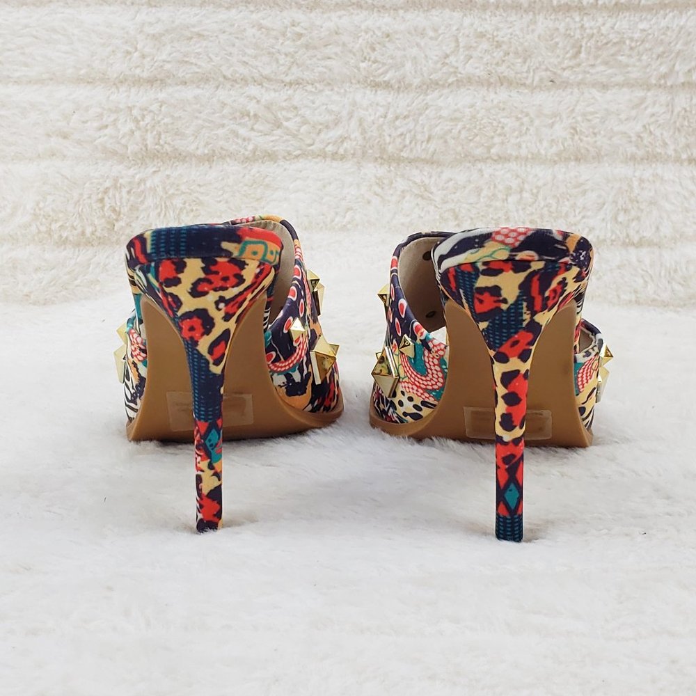 Popo Slip On Sqaure Open Toe High Heels Clogs Mules Slides  multi Color Print - Picture 7 of 9
